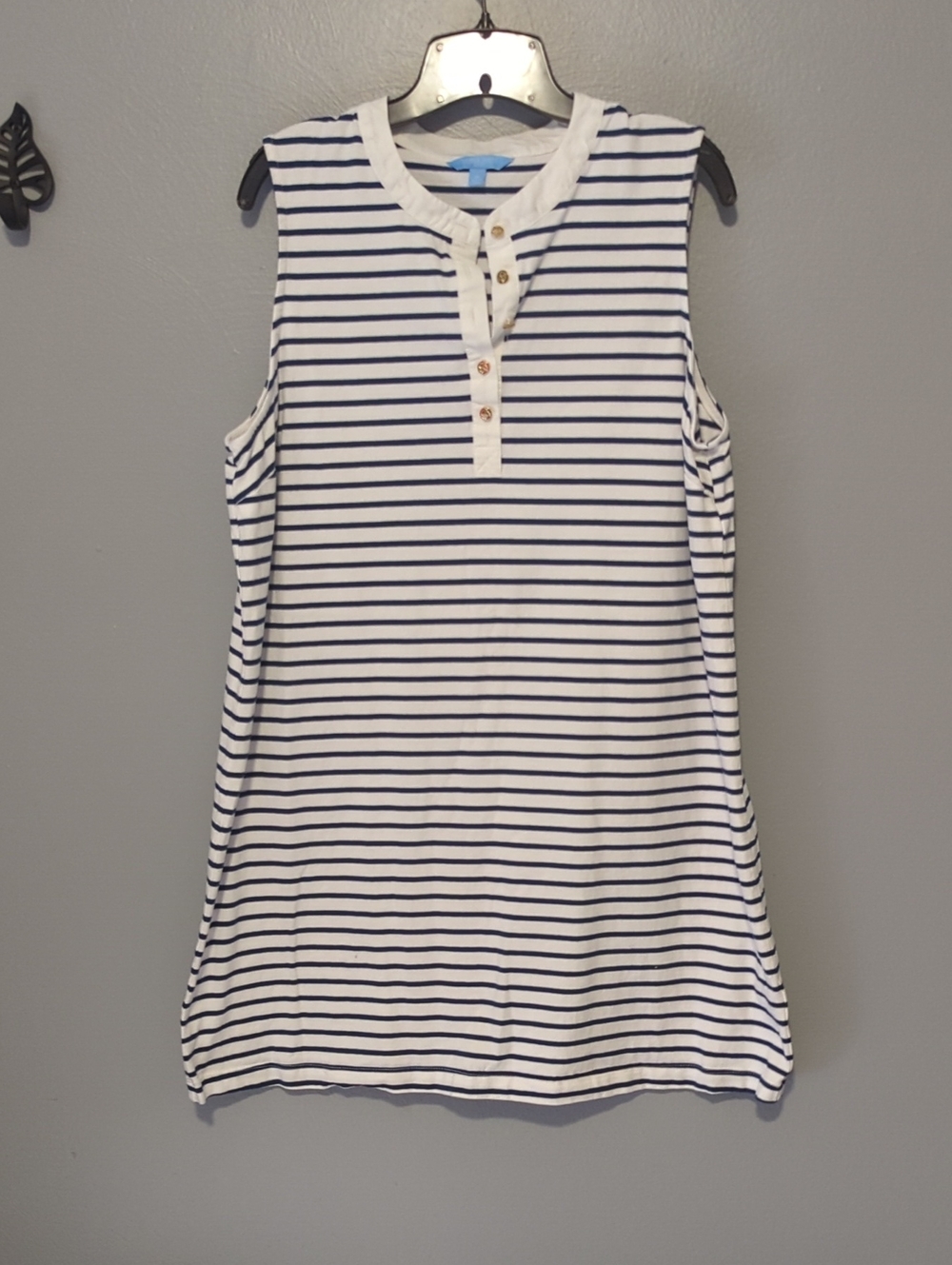 Draper James White & Navy Striped Sleeveless Casual Dress Gold Buttons XL